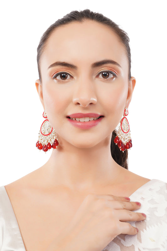 Elegant Gold Plated Red and White Peal Drop Earrings