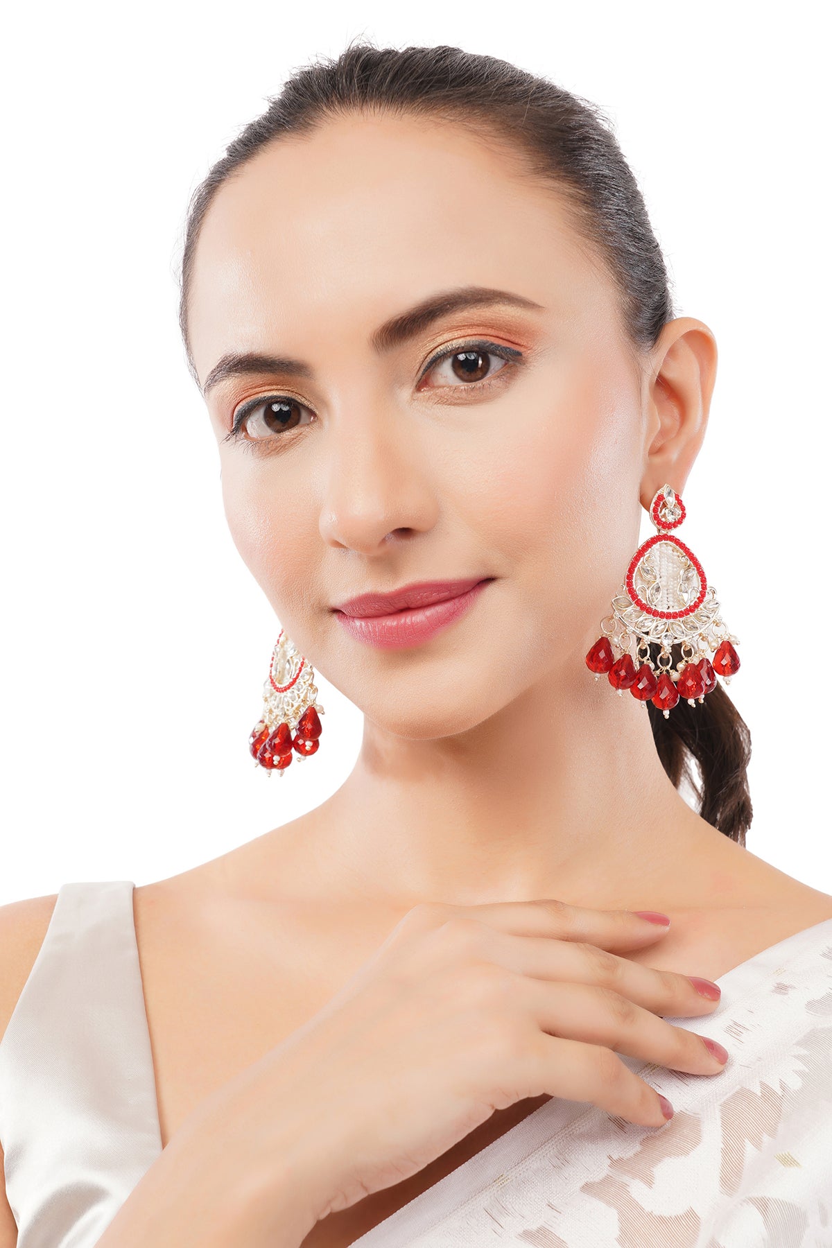 Elegant Gold Plated Red and White Peal Drop Earrings