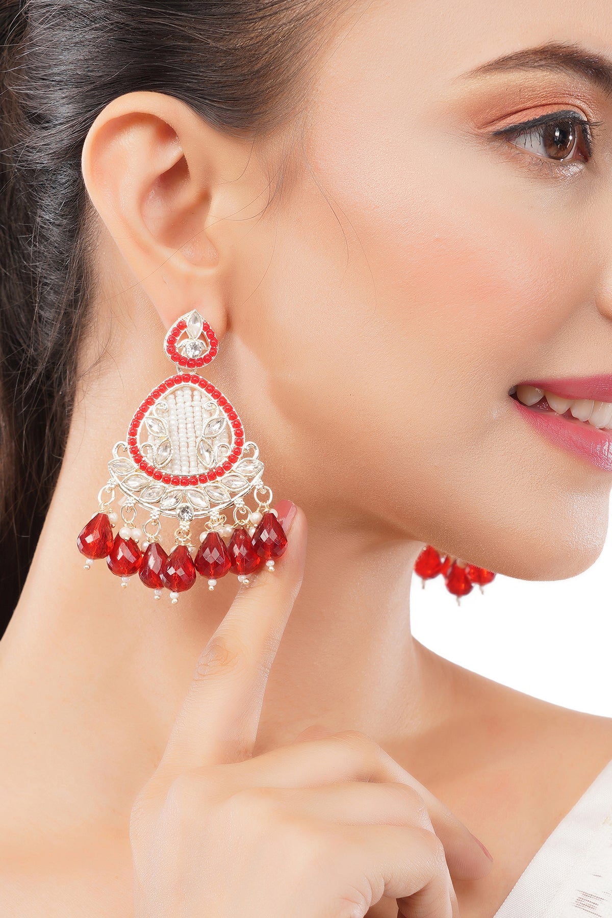 Elegant Gold Plated Red and White Peal Drop Earrings