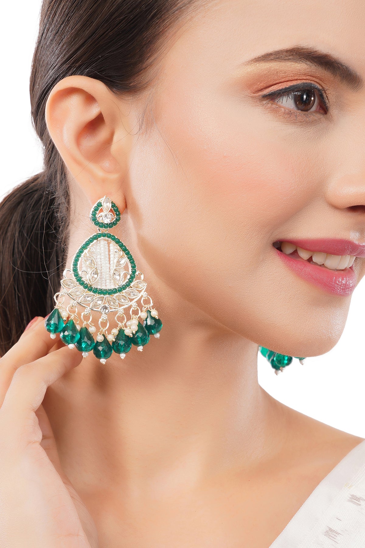 Clustertrend Traditional Gold Plated Emerald Green Pearl Earrings