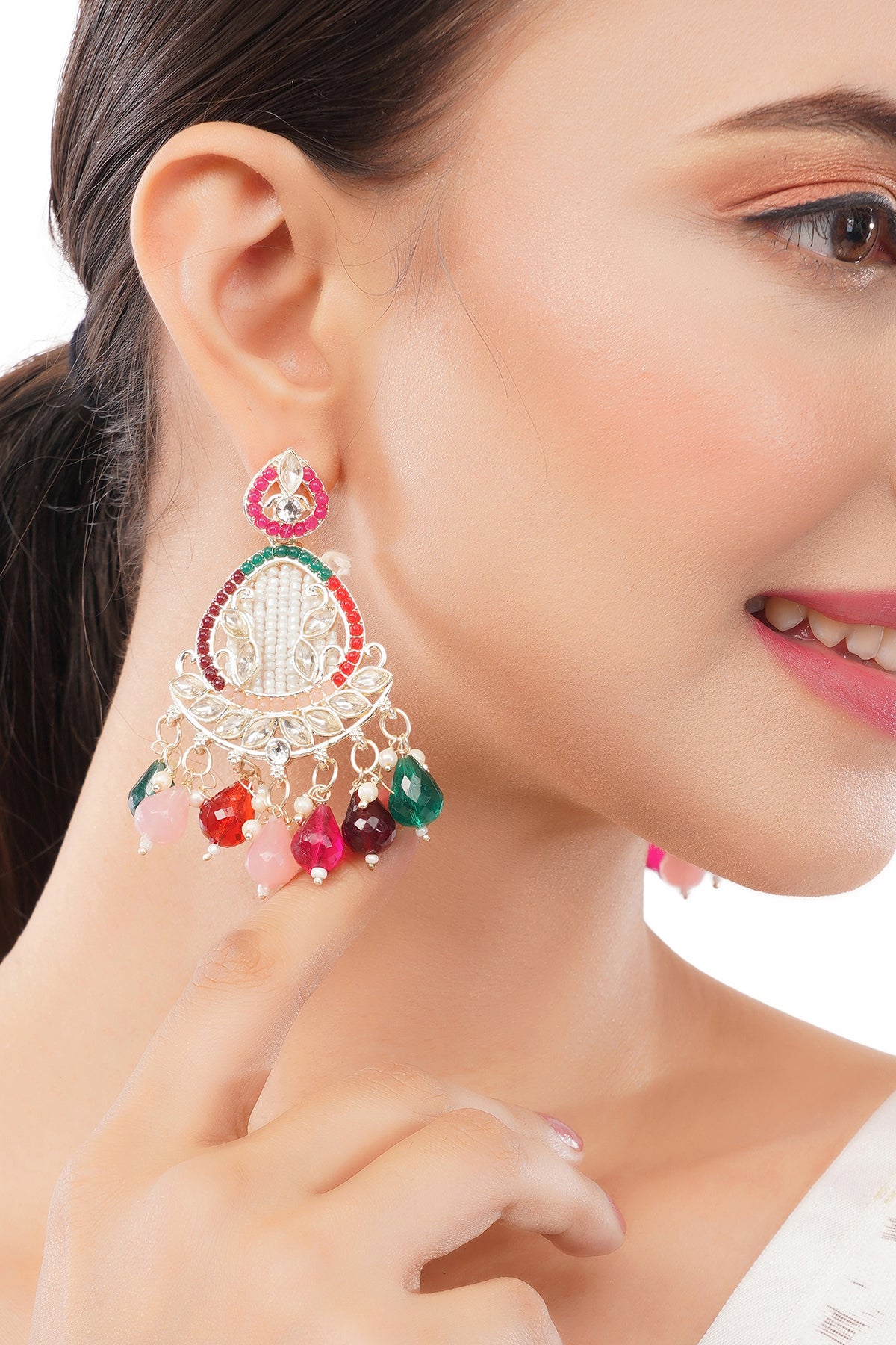 Clustertrend Gold Plated Multicolour stone with pearl earrings For Women