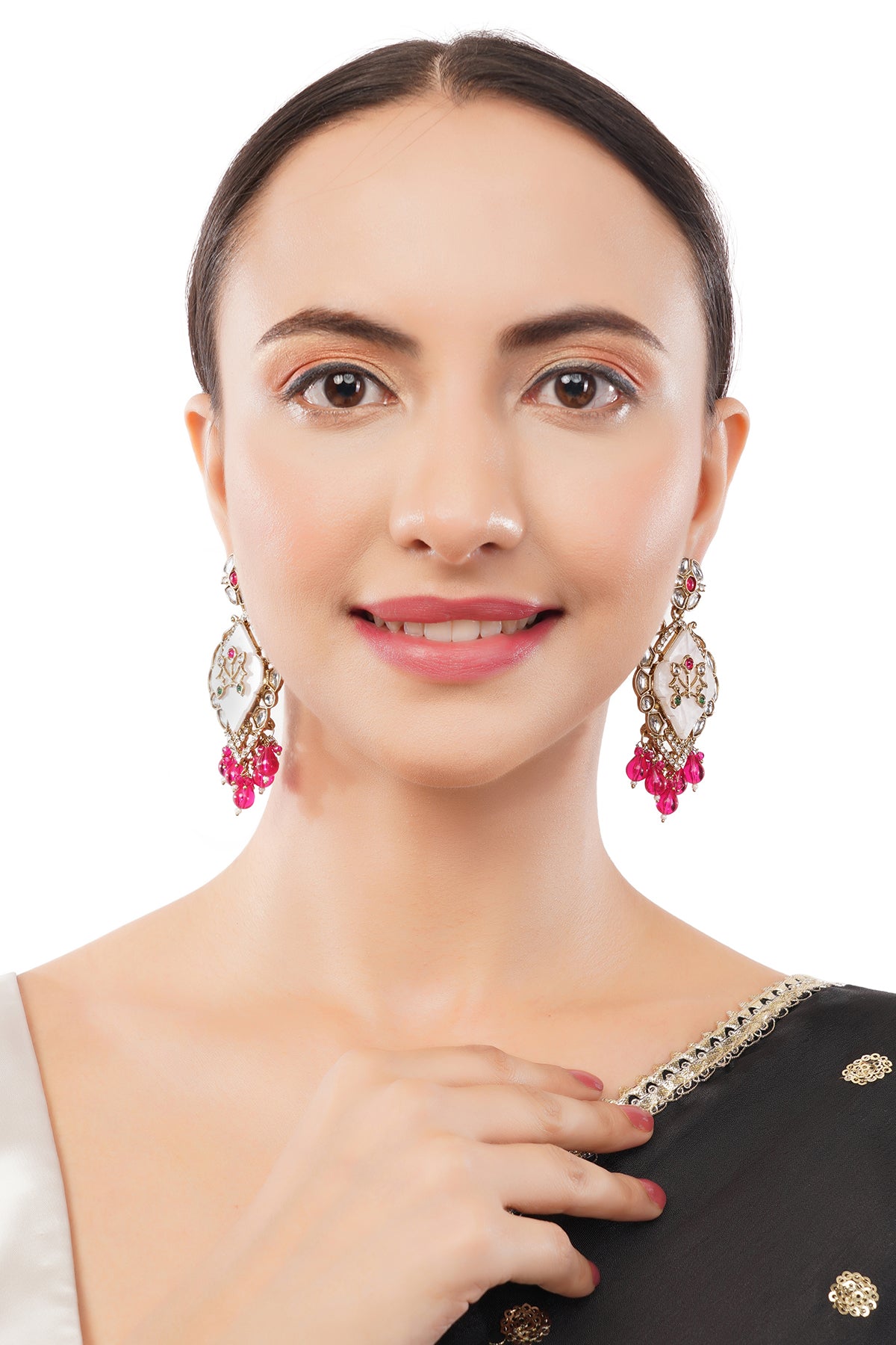 Elegant Gold Plated MOP(Mother Of Pearl) Pink Stone Earrings