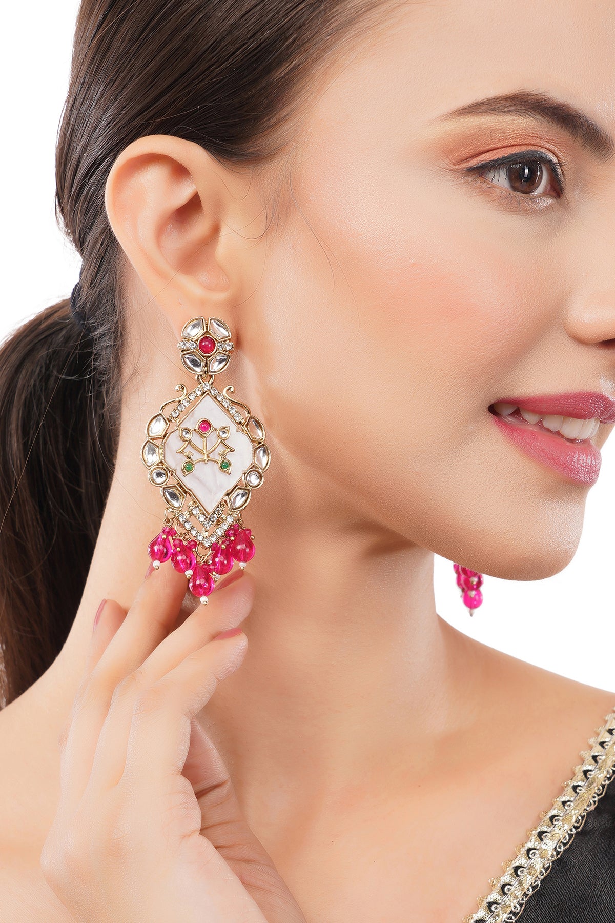 Elegant Gold Plated MOP(Mother Of Pearl) Pink Stone Earrings