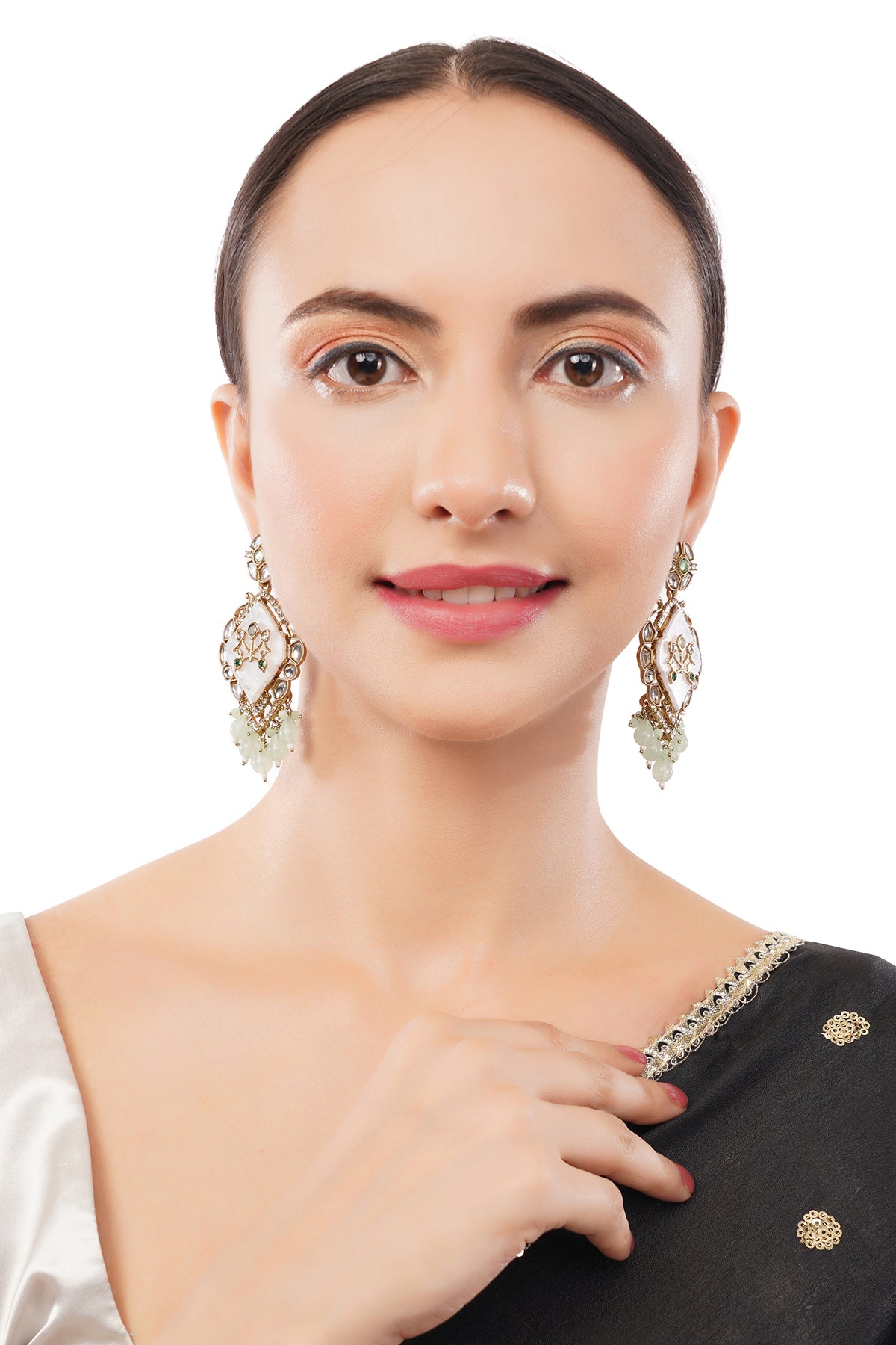 Gold Plated MOP(Mother Of Pearl) Light Geen Pearl Kundan Earrings