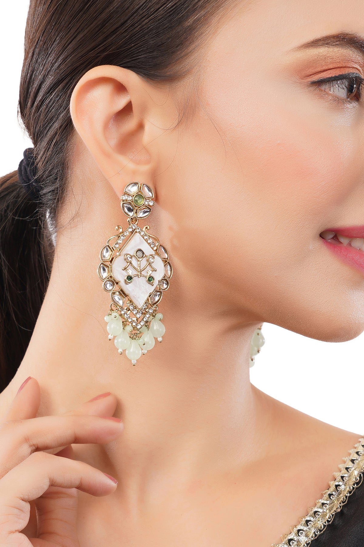 Gold Plated MOP(Mother Of Pearl) Light Geen Pearl Kundan Earrings