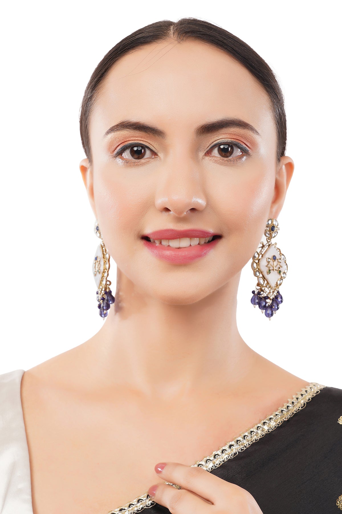 Traditional Gold Plated MOP Purple Pearl Kundan Earrings