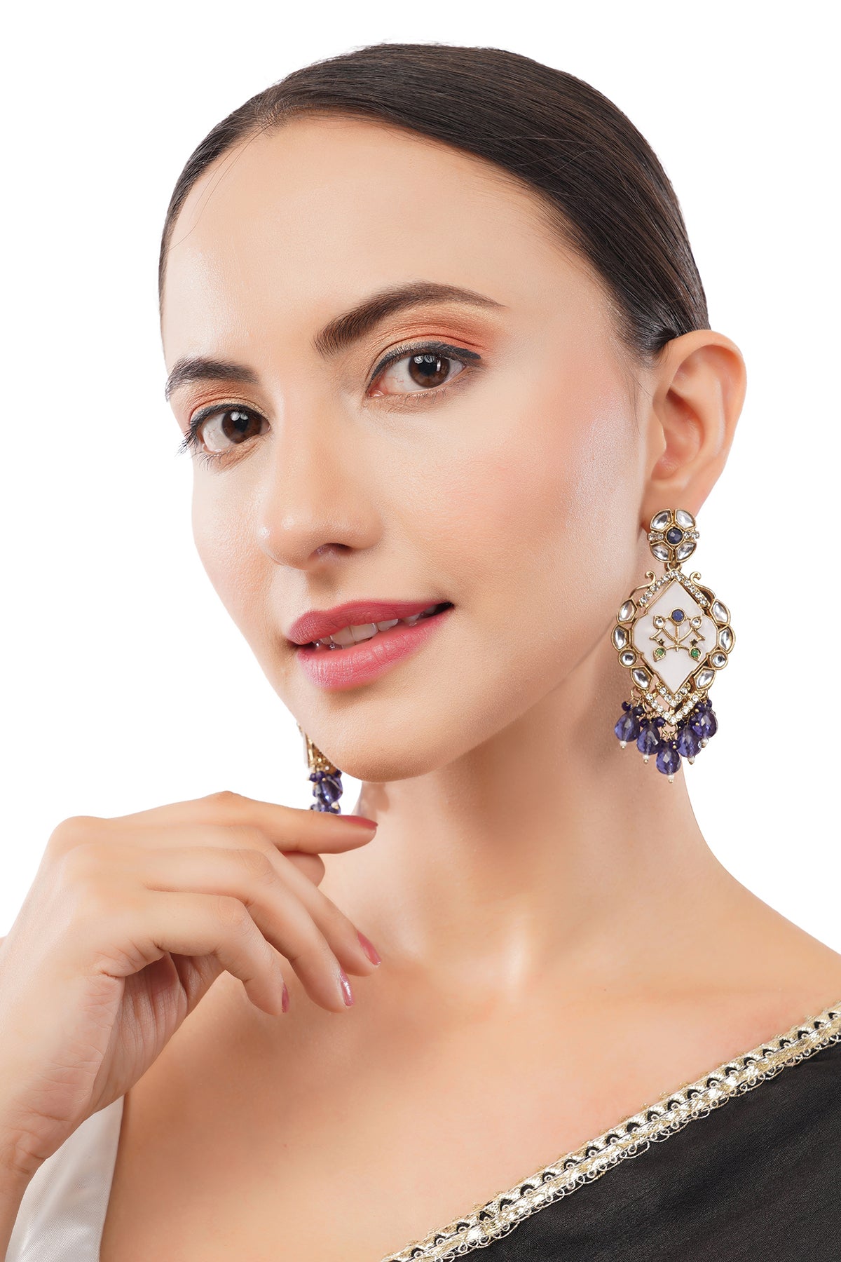 Traditional Gold Plated MOP Purple Pearl Kundan Earrings