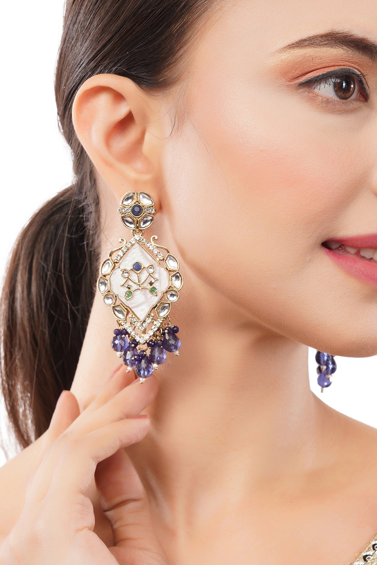 Traditional Gold Plated MOP Purple Pearl Kundan Earrings