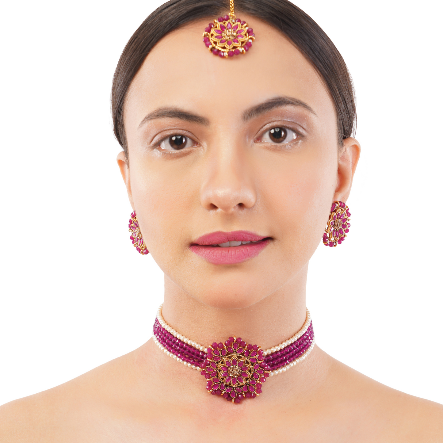 Gold Plated Purple Beadded Stone Choker Necklace Set For Women