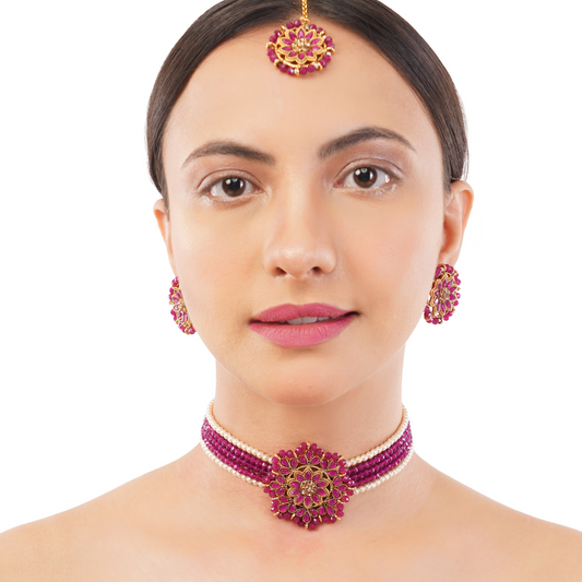 Gold Plated Purple Beadded Stone Choker Necklace Set For Women