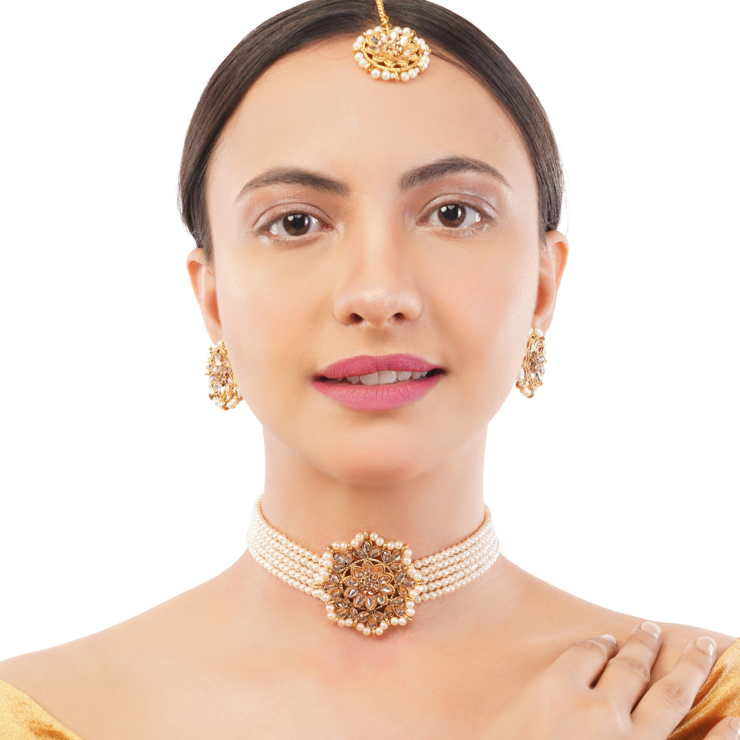 Gold Plated White Pearl beadded Necklace And Earrings For Women
