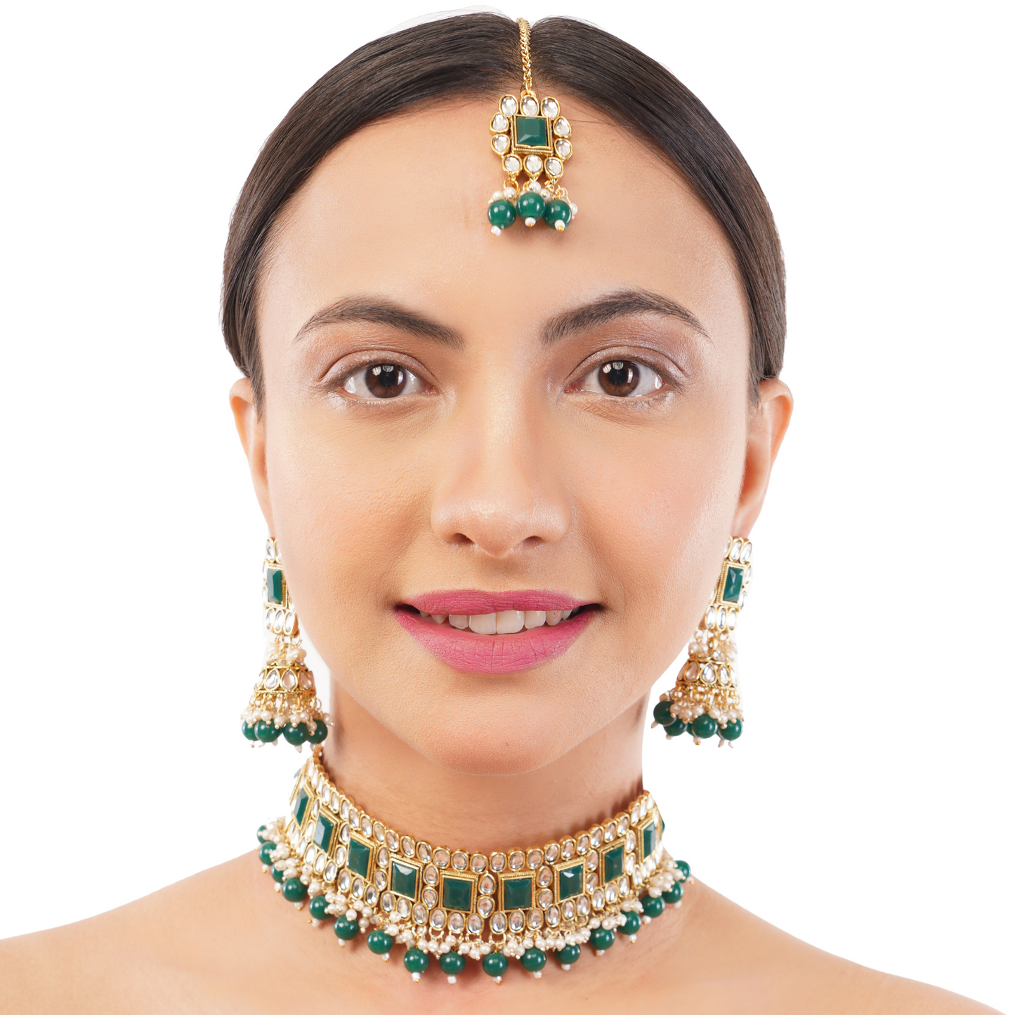 Gold Plated Emerald Green Kundan Necklace And Earrings Set