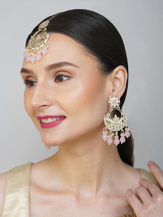 Traditional Light Pink Mirror Work Earring And Maang Tikka for Women