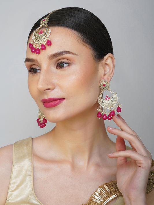 Traditional Magenta Mirror Work Earring And Maang Tikka for Women