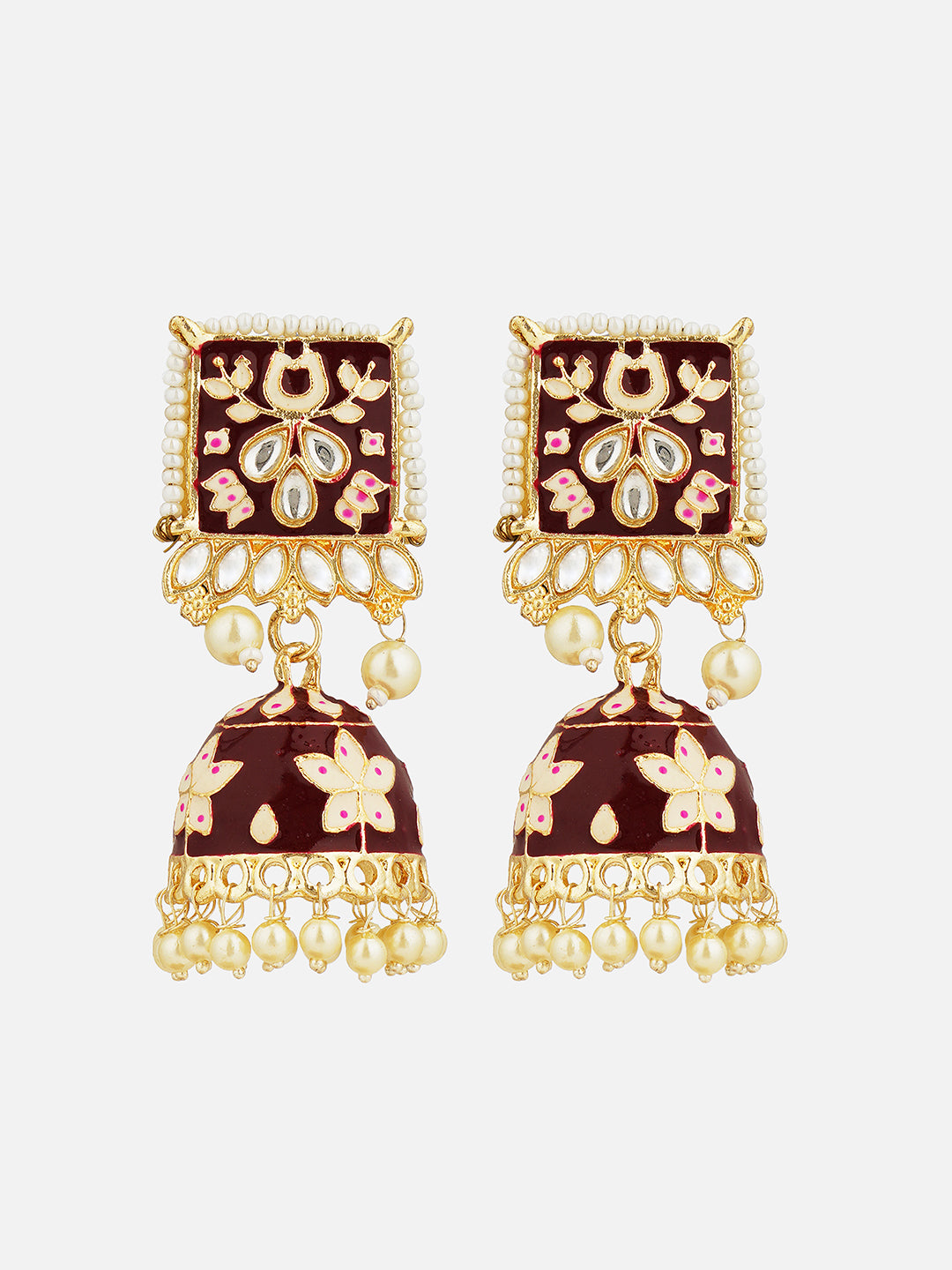 minakari maroon jhumka earrings front view