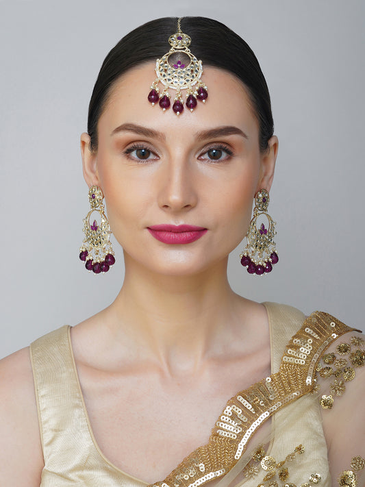 Traditional Purple Mirror Work Earring And Maang Tikka for Women