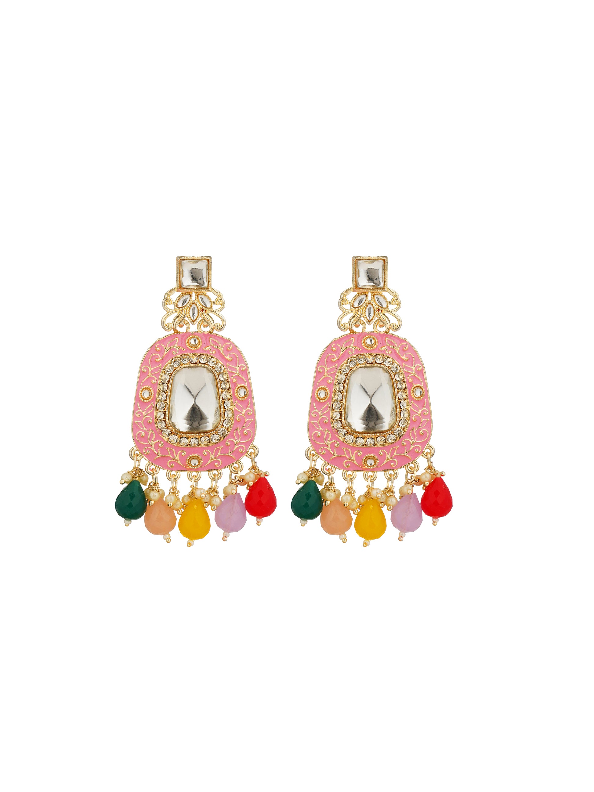 pink kundan minakari long earring front view