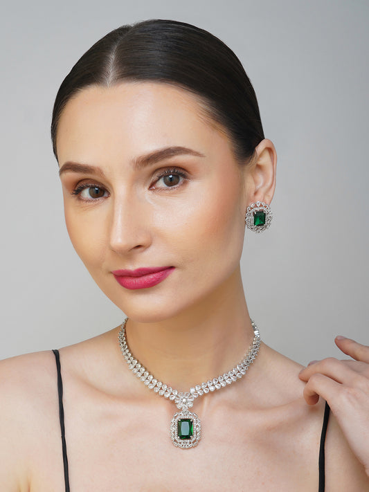 Green Stone Silver Plated American Diamond Necklace Set