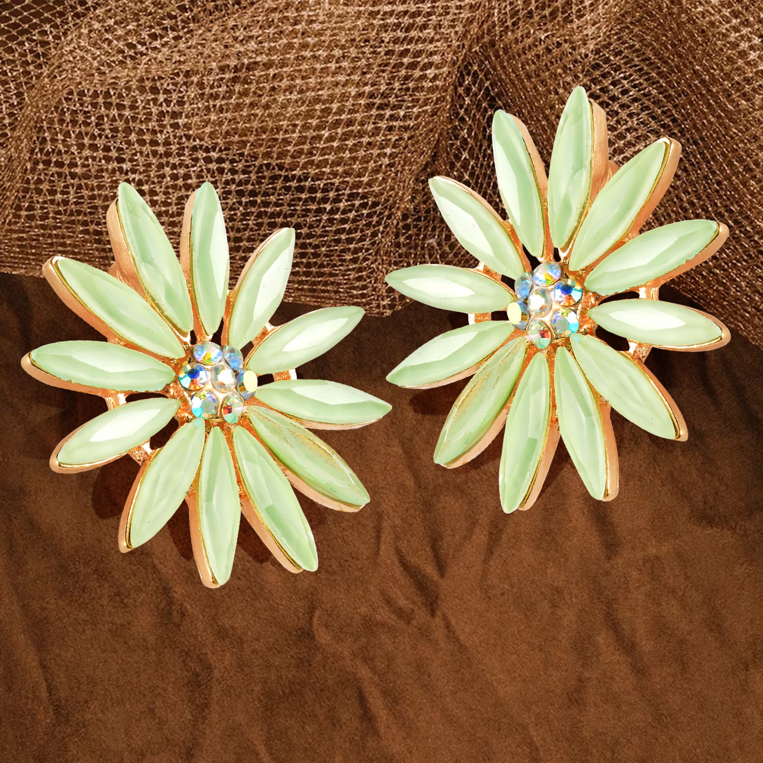 pastel green flower stud earring brown background