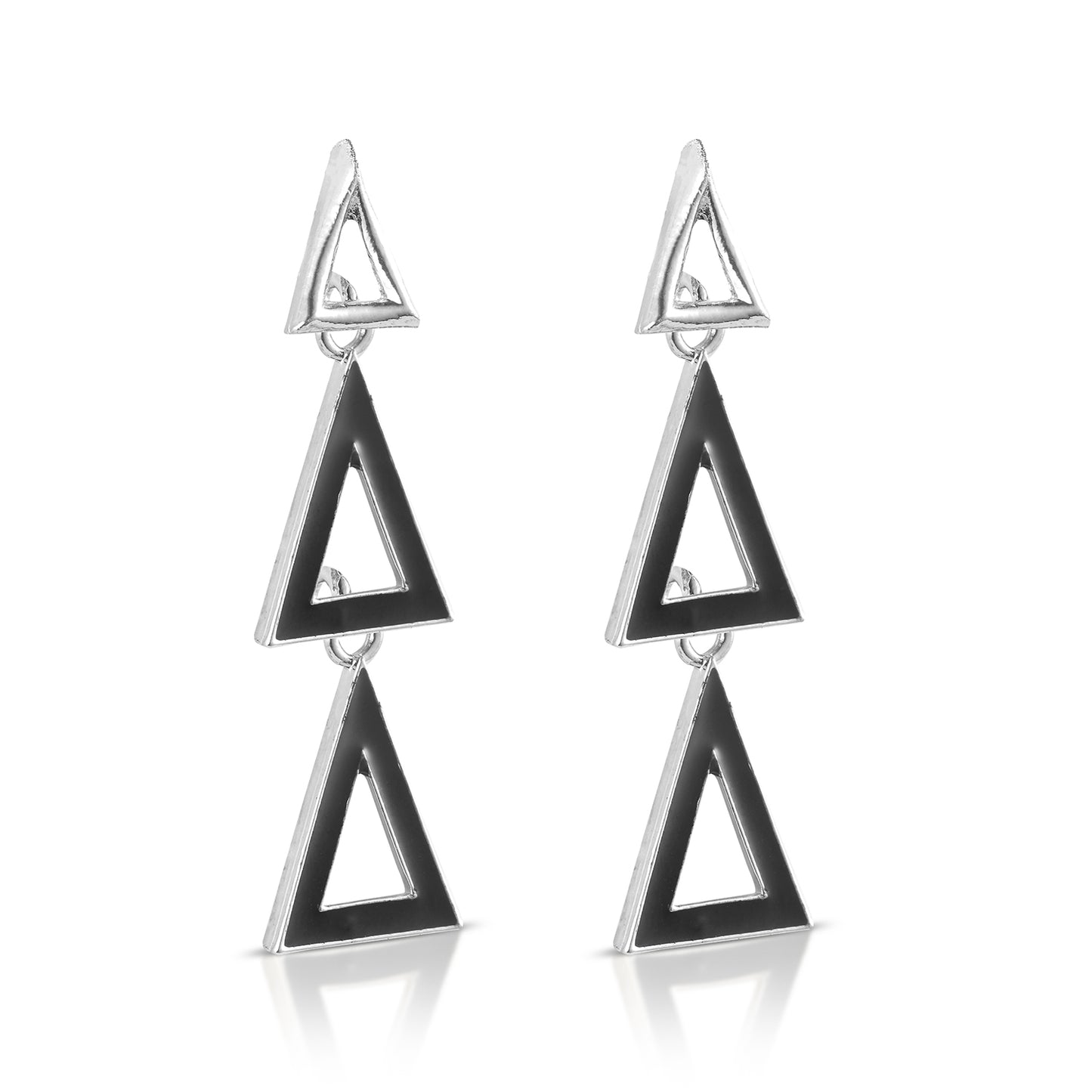 silver dangling triangle stud earrings side view