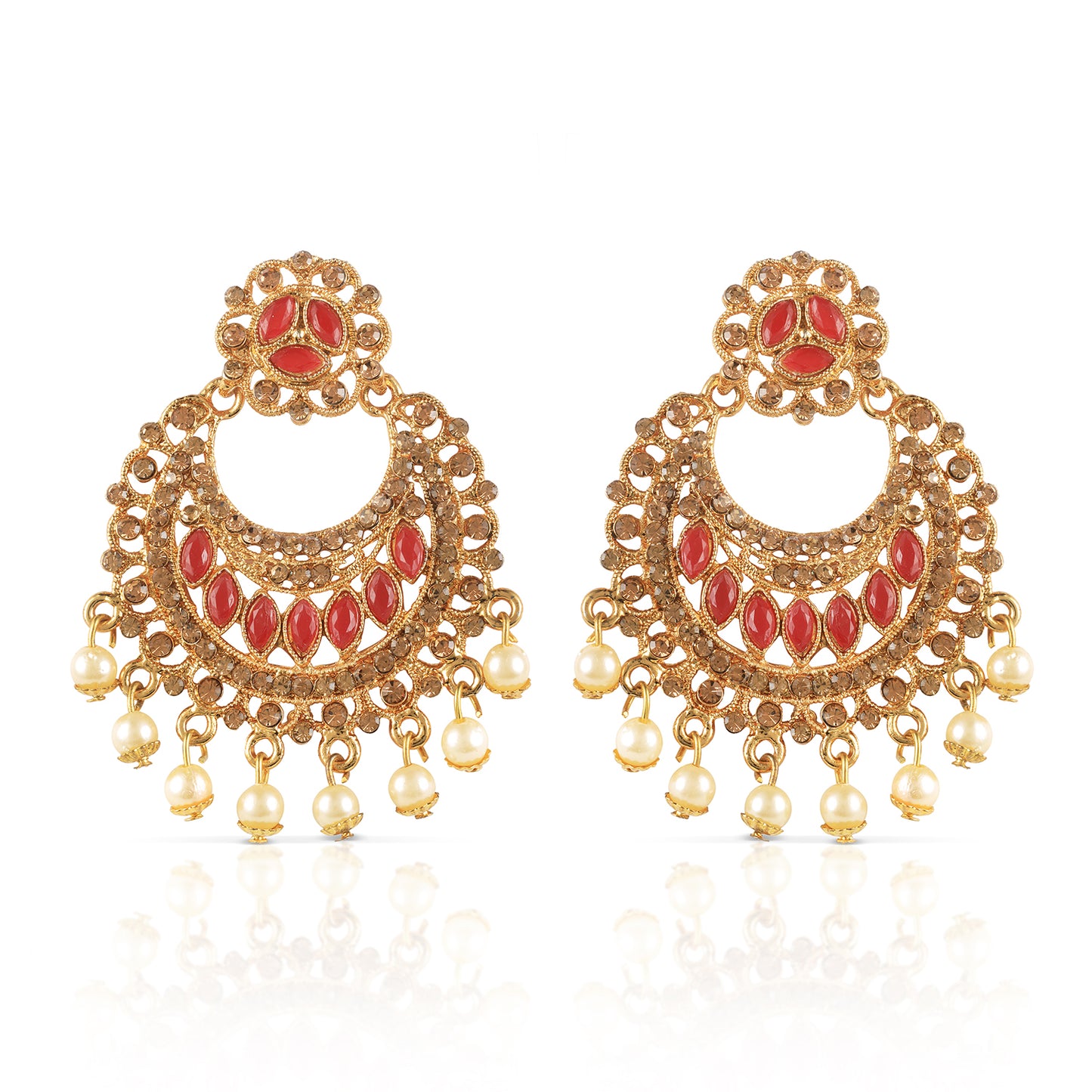 pink kundan gold pearl earrings front view