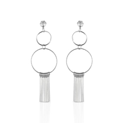 silver fringed dangle earrings front view