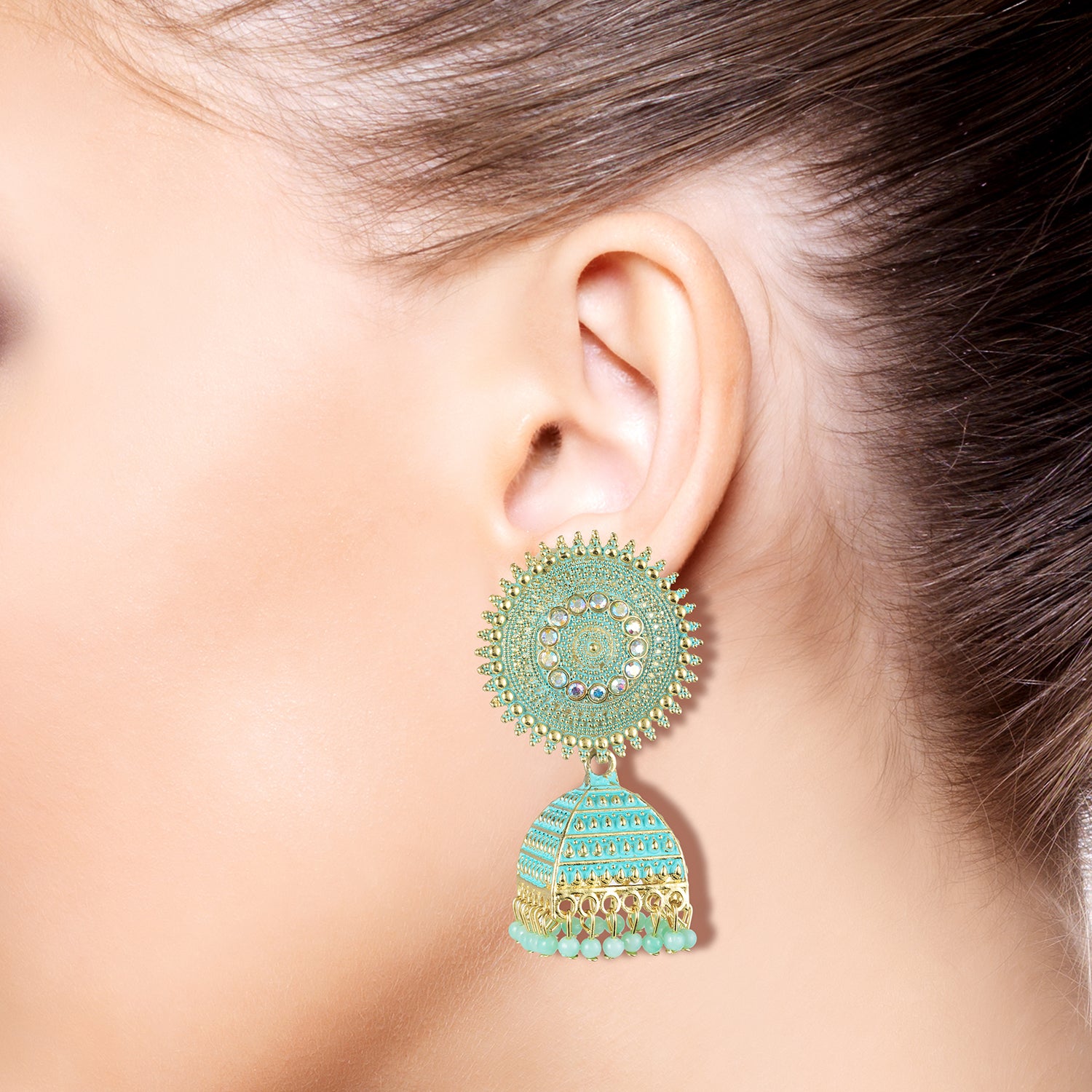 aqua green jhumka earrings model pic