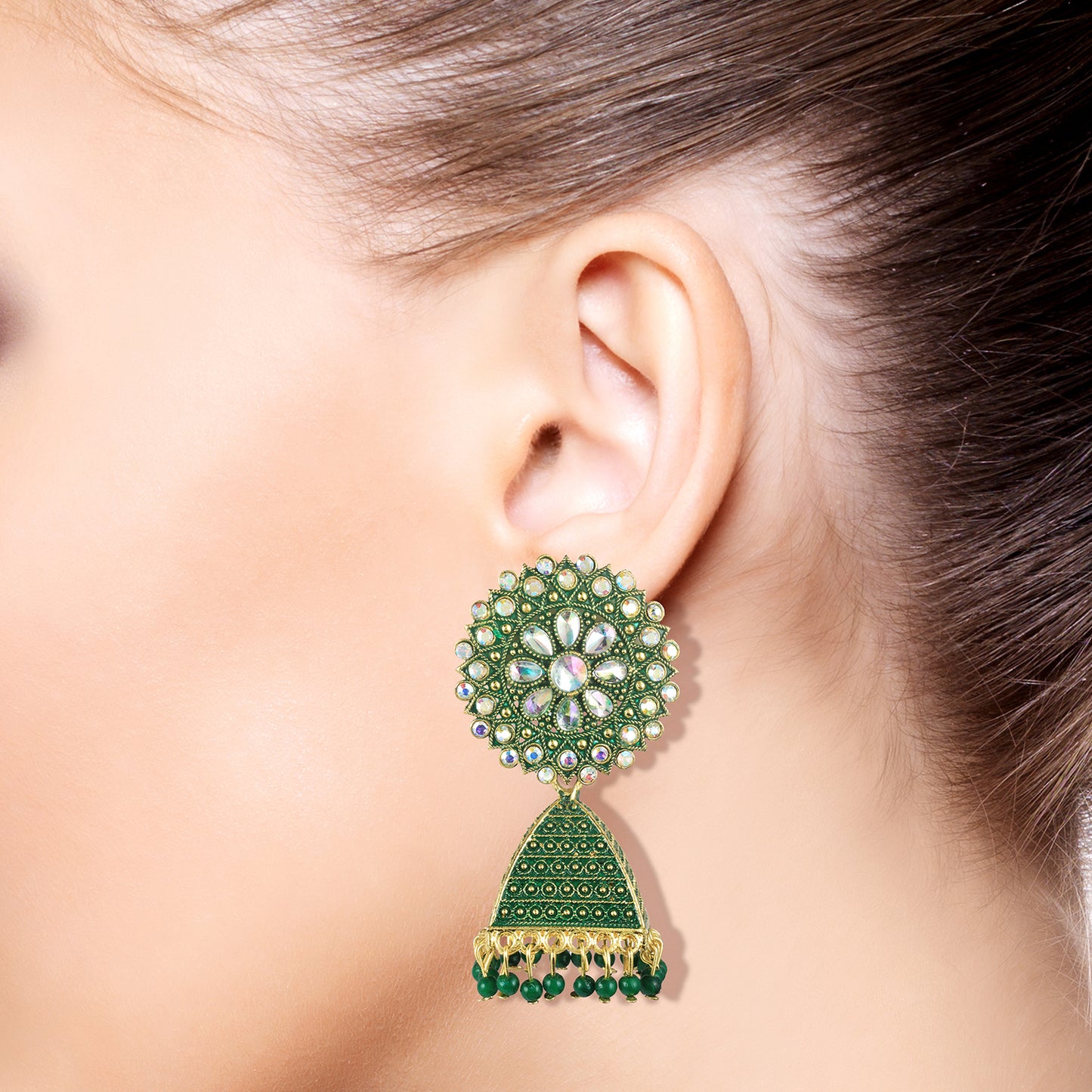 bottle green jhumka earrings for women model pic