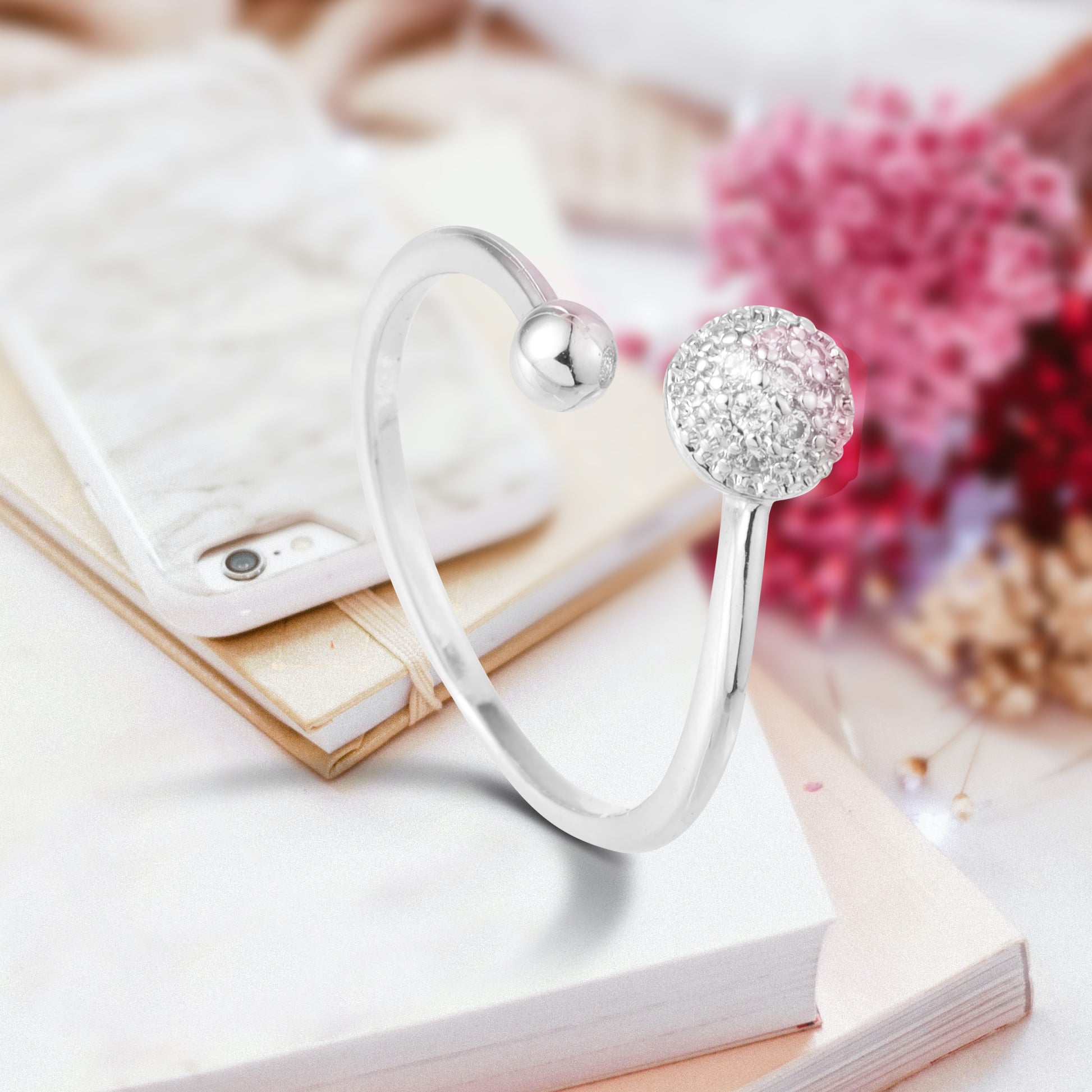 silver pave bead open ring floral background