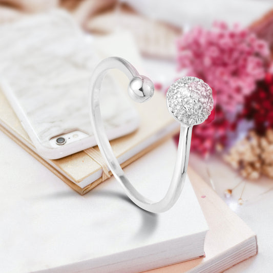 Silver Polished And Pave Bead Open Ring