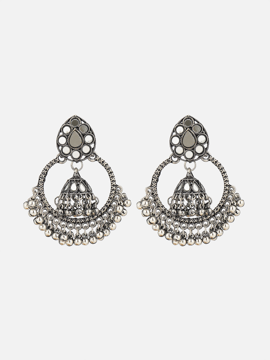 oxidised mirror work jhumka  front view