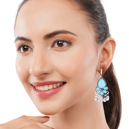 Elegant Silver Plated Light Blue Stone Pearl Earrings