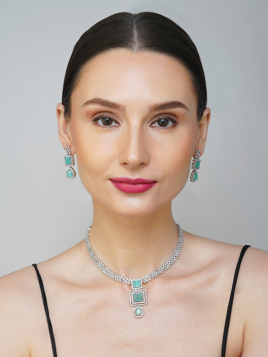 mint green american diamond necklace model front view