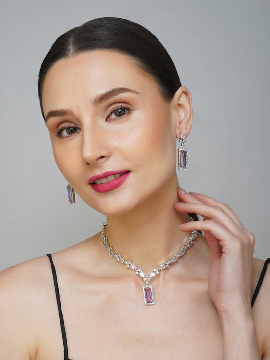 Light Puple American Diamond Necklace With Earring For Women