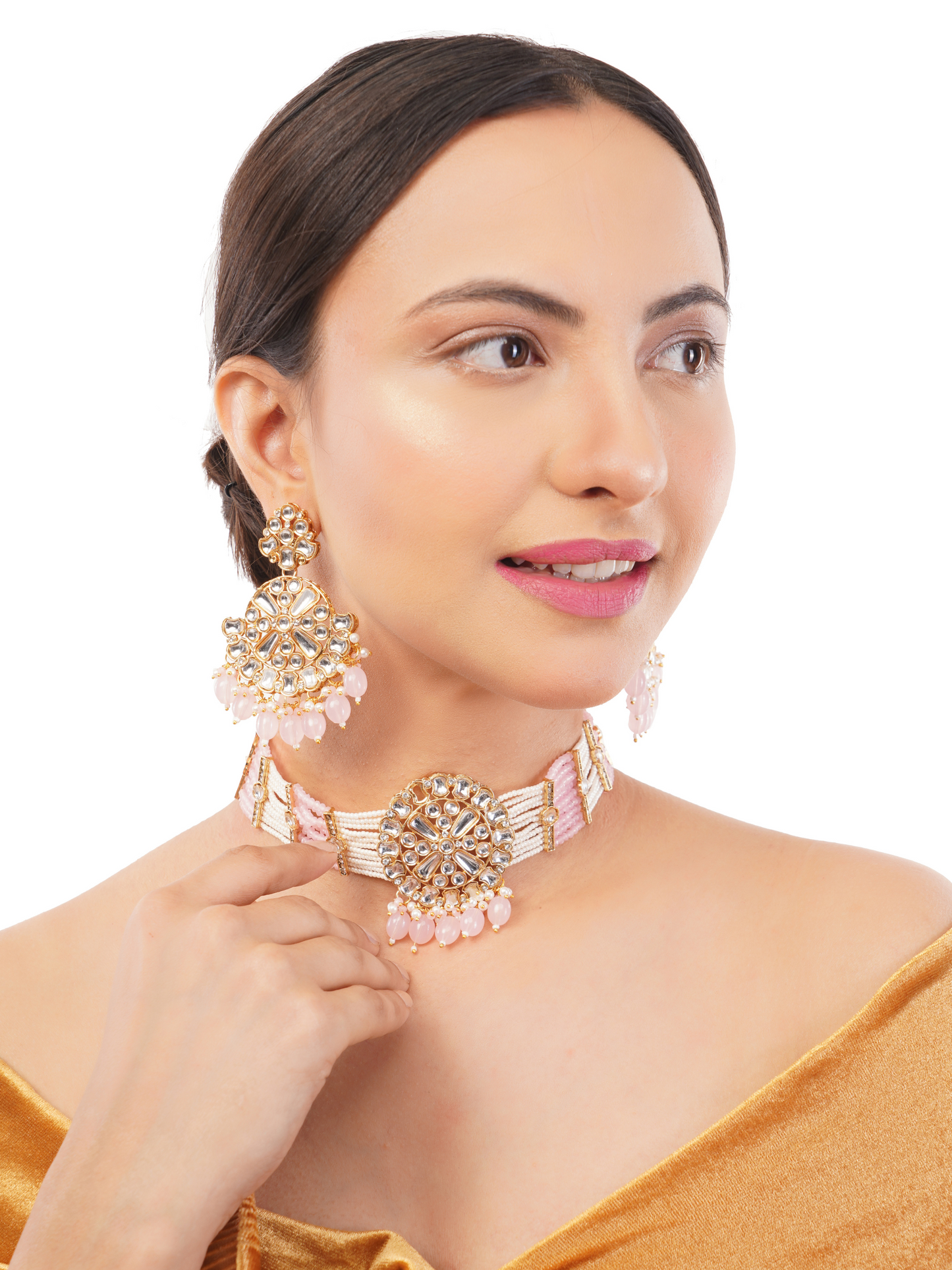 Baby Pink Kundan Jewellery Necklce Set For Women