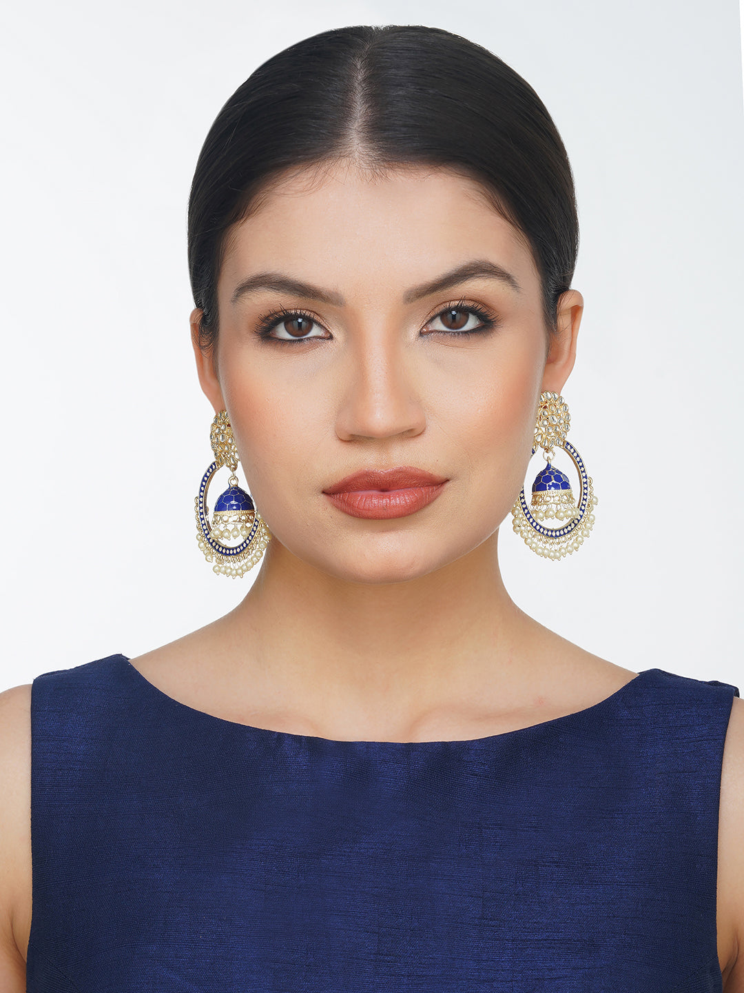 minakari blue jhumki earrings for women model front view