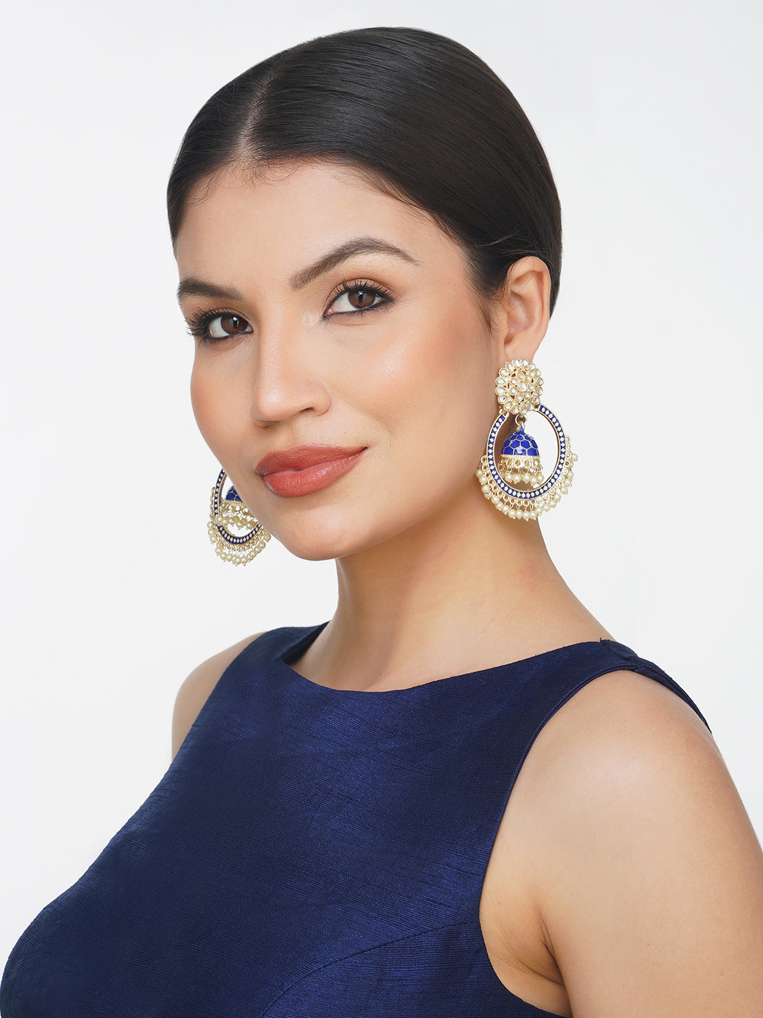 minakari blue jhumki earrings for women model side view