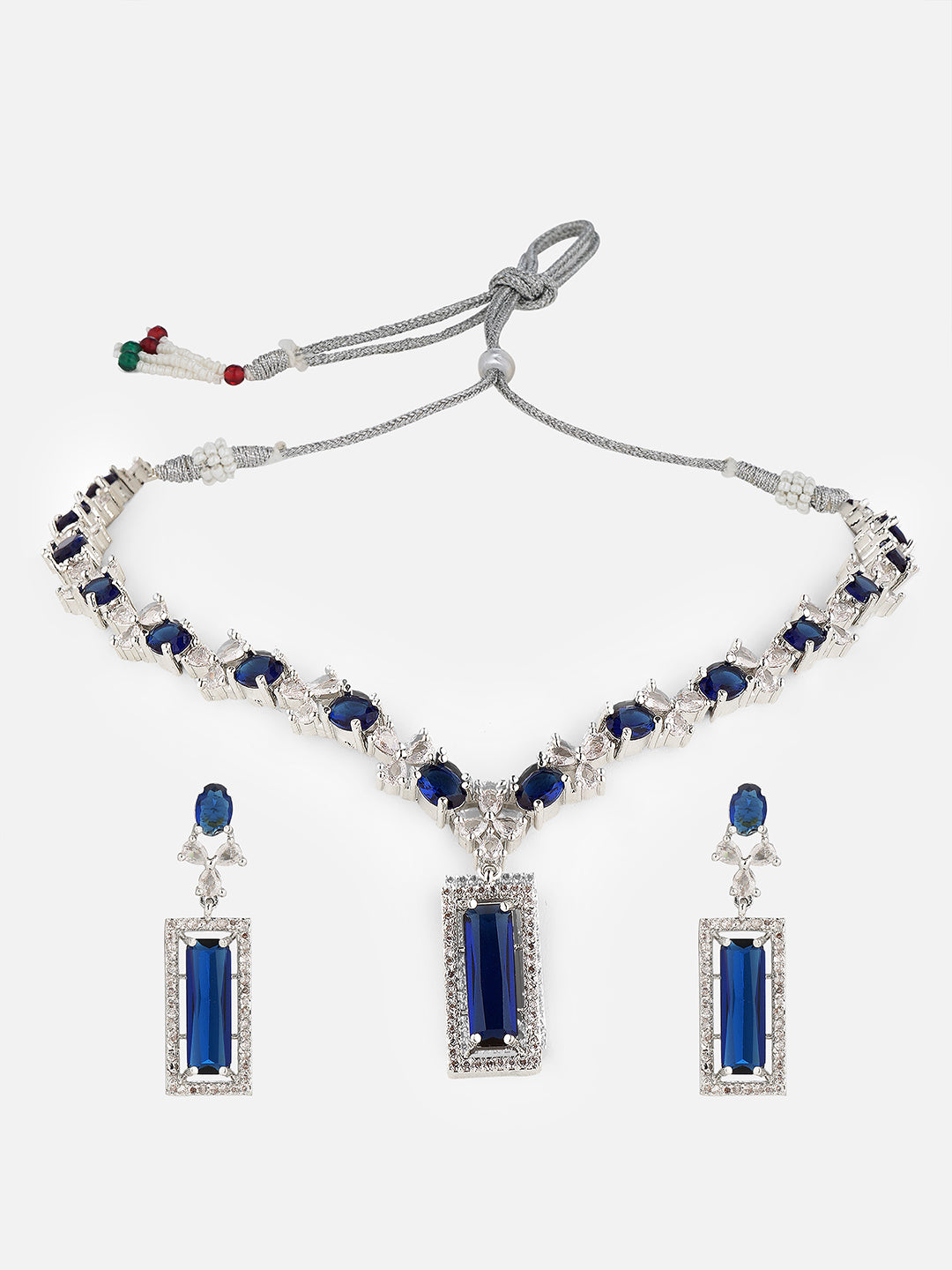 silver plated american diamond blue necklace front view