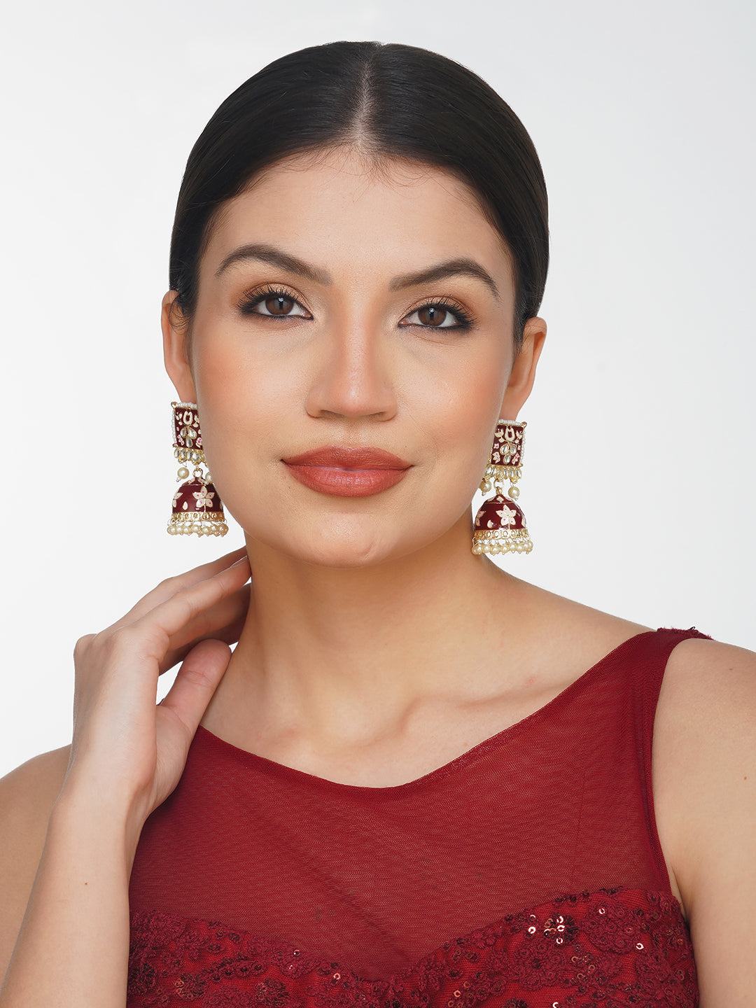 minakari maroon jhumka earrings model front view