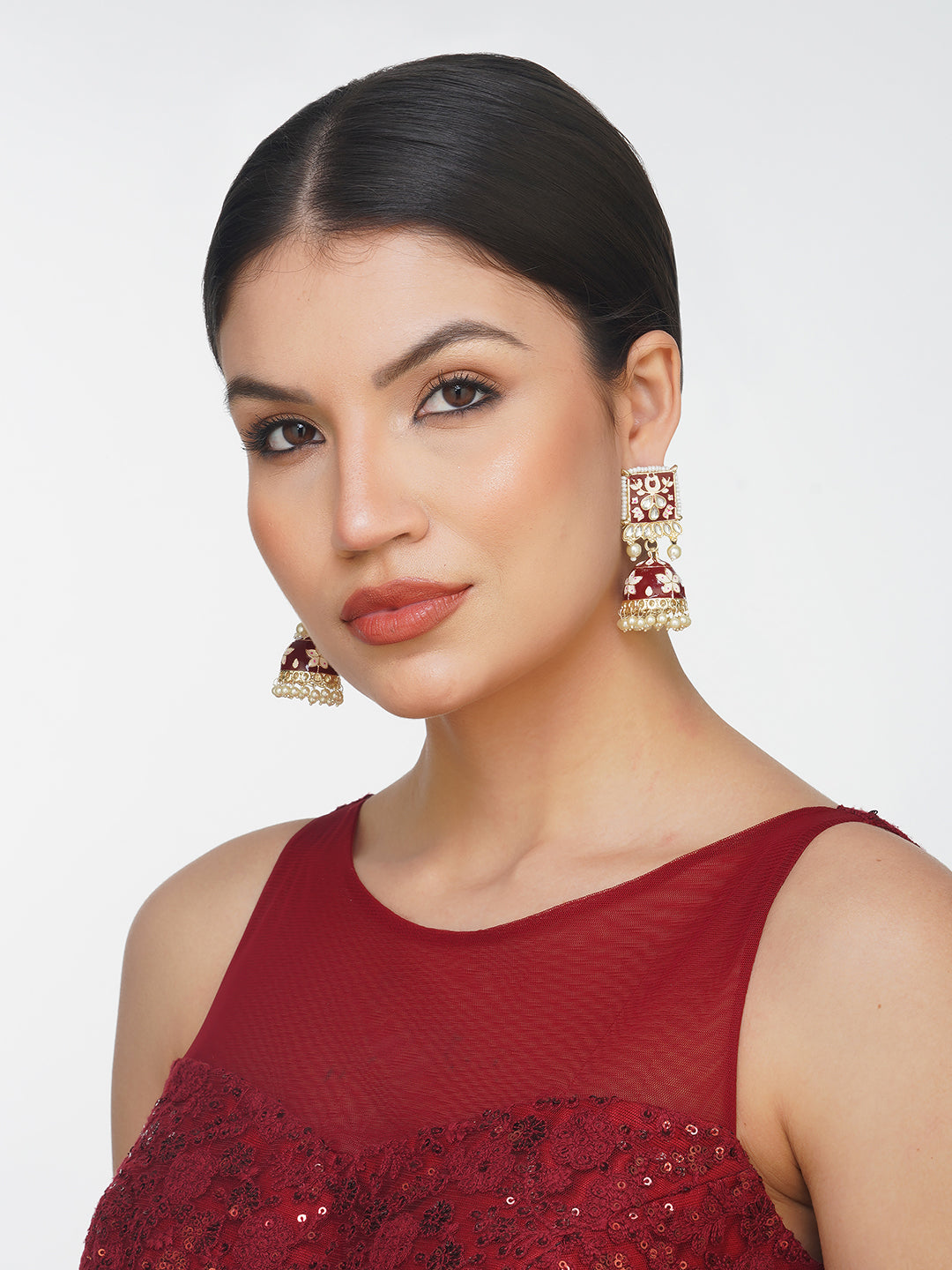 minakari maroon jhumka earrings model side view