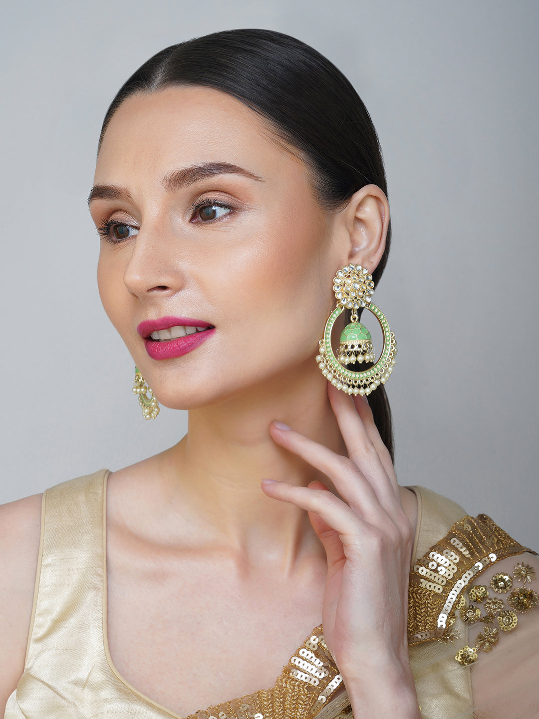 minakari green jhumki earrings for women model side view