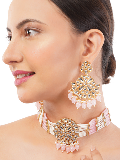 Baby Pink Kundan Jewellery Necklce Set For Women