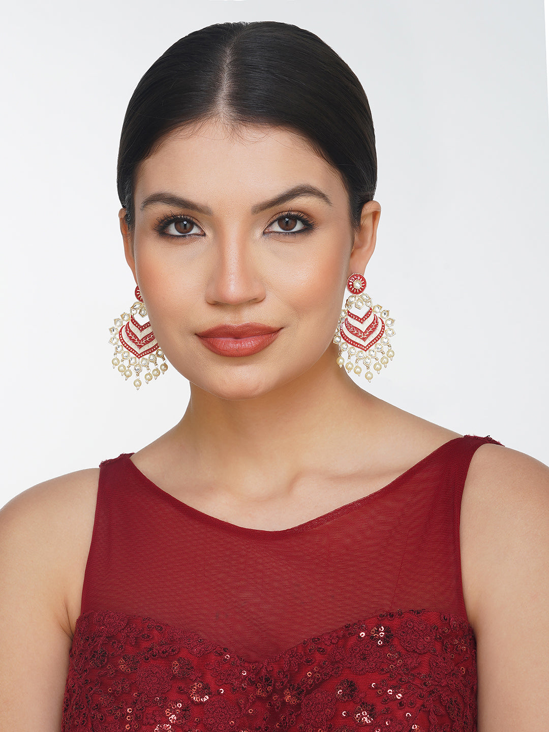 marron kundan earrings model front view