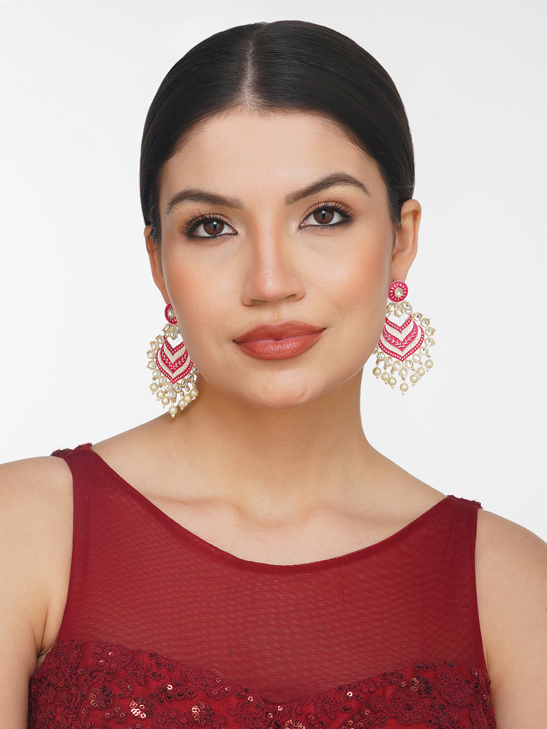 pink kundan earrings model front view