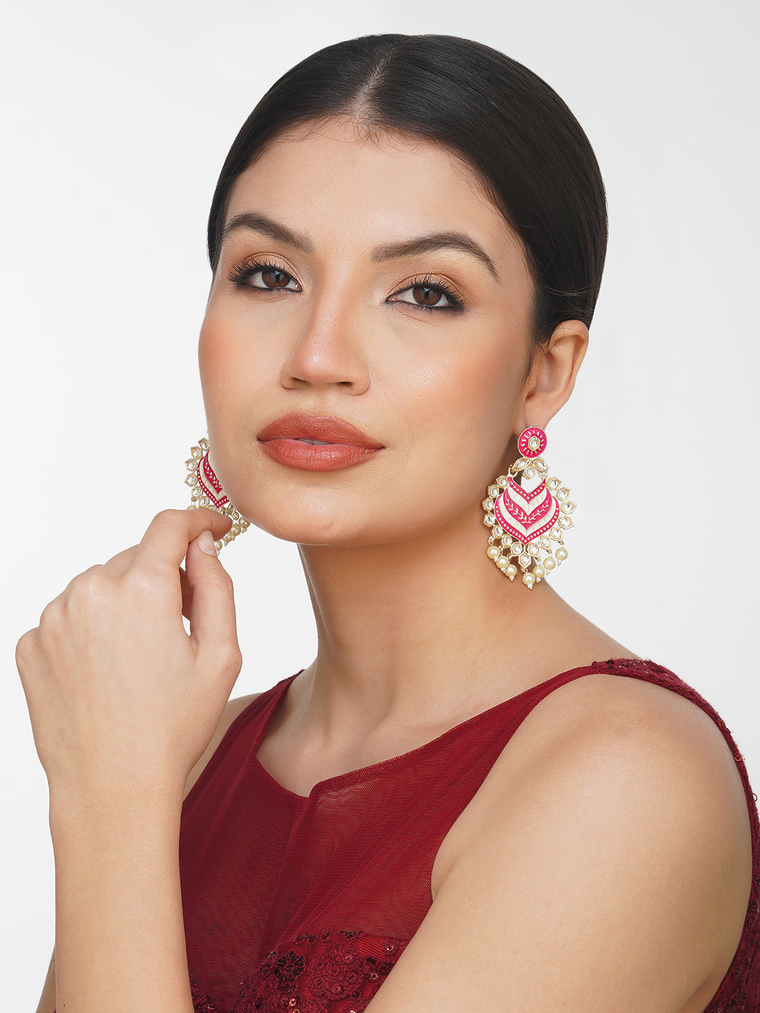 pink kundan earrings model side view