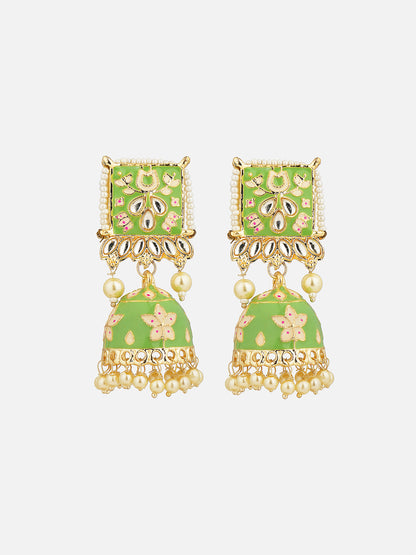 minakari green jhumka earrings front view