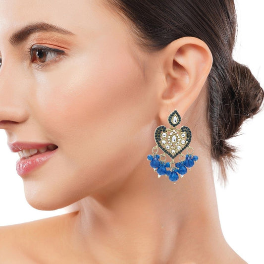 Gold Heart Shape Blue And White Pearl Earrings For Women
