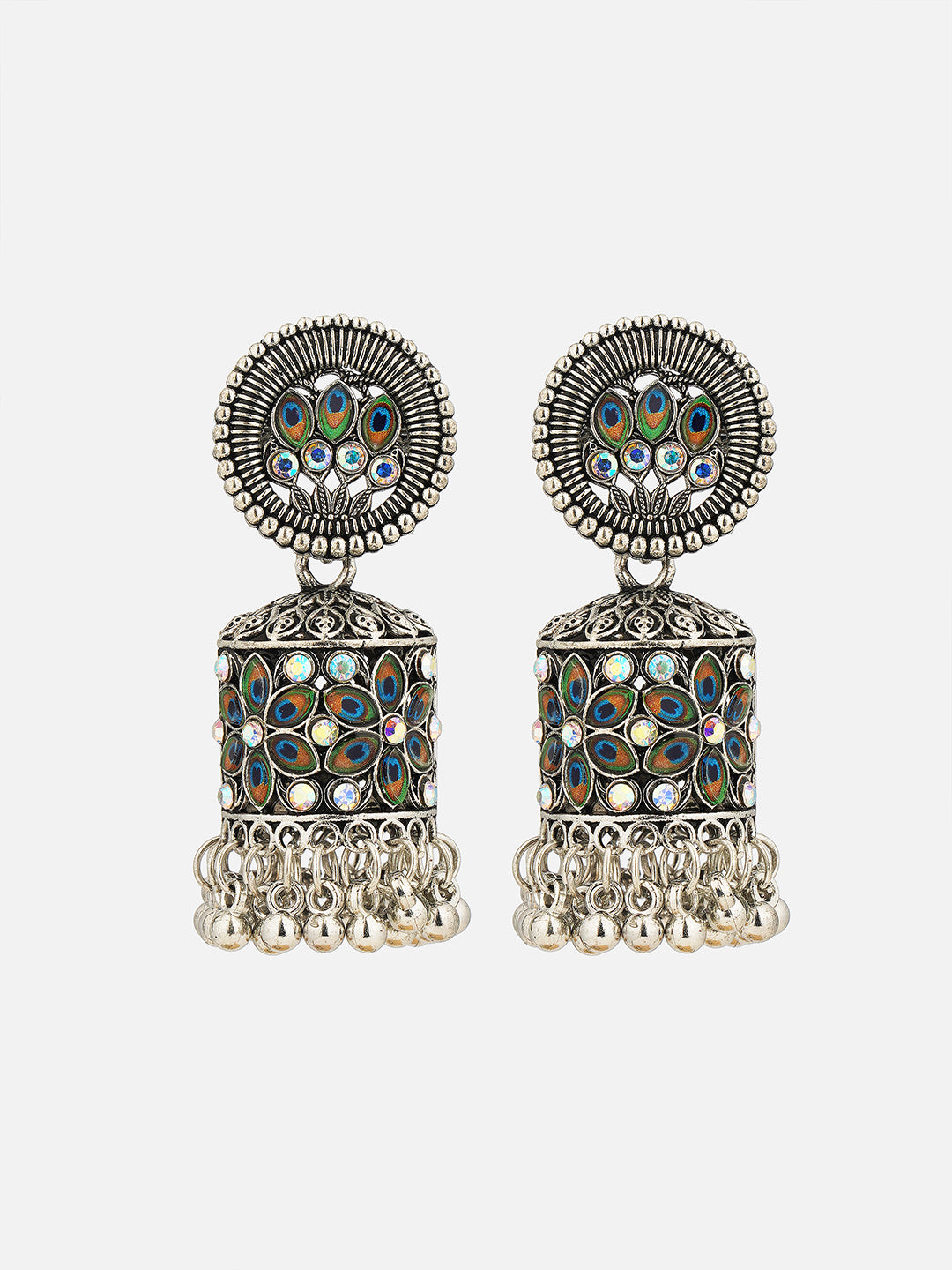 oxidised peacock design afghani jhumka front view