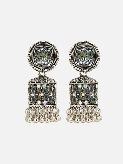 oxidised peacock design afghani jhumka front view