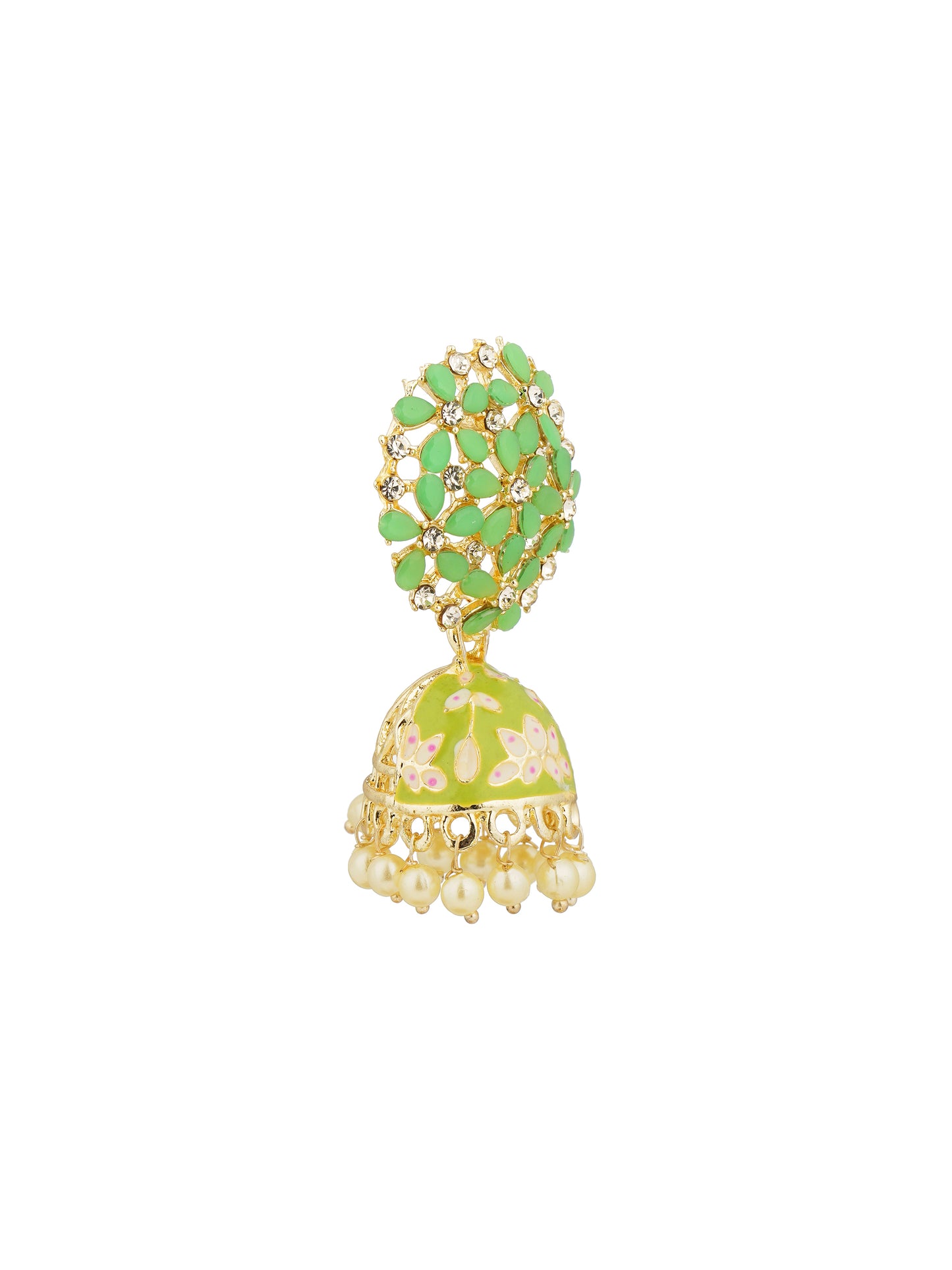 Elegant Gold Plated Stone studded Green Minakari Pearl Jhumki
